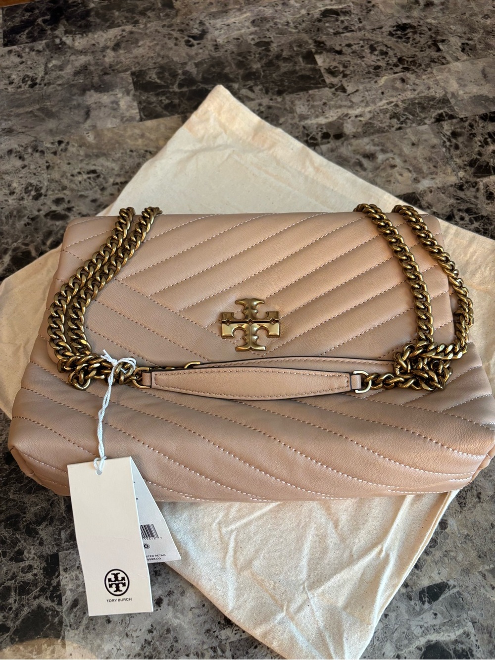 Tory Burch Quilted Blush Leather Shoulder Bag with Gold Chain